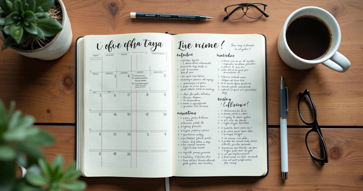 Caderno aberto com planejamento de vida e xícara de café 