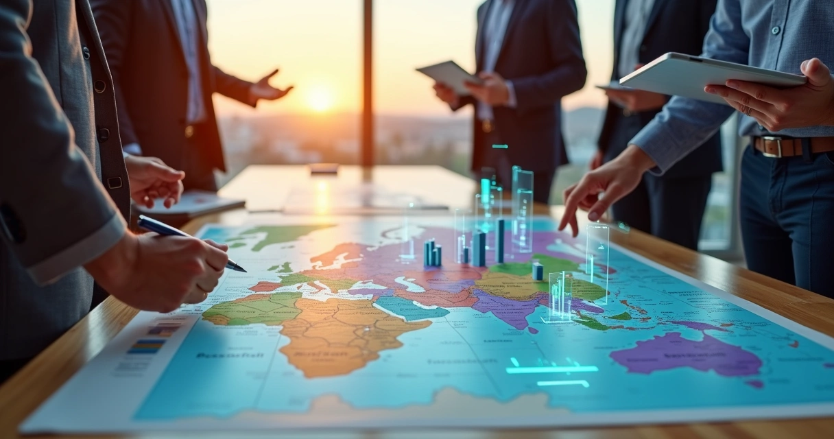 Equipe de vendas analisando mapa regional com dados B2B destacados 
