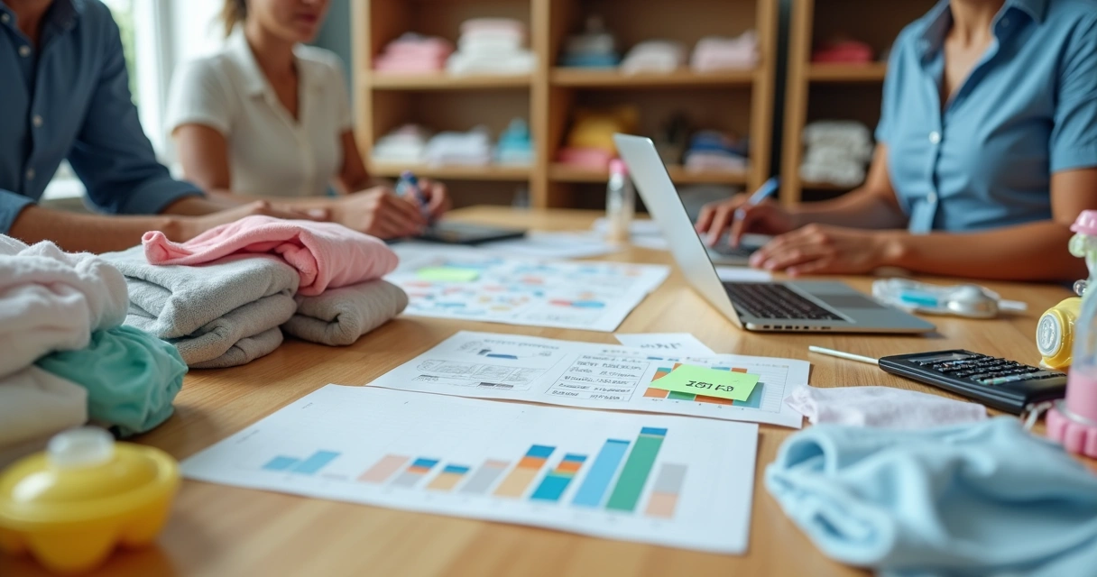 Mesa de reunião com gráficos financeiros ao lado de produtos infantis de atacado 