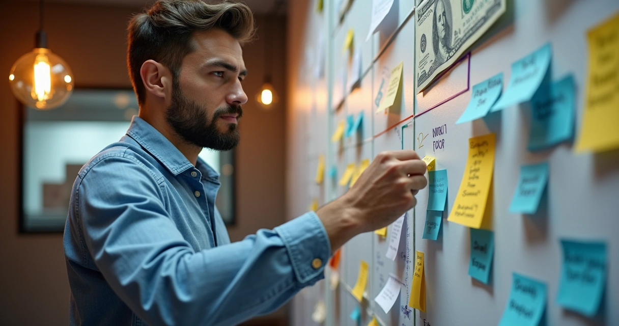 Empresário anexando notas em mural de planejamento de reservas 