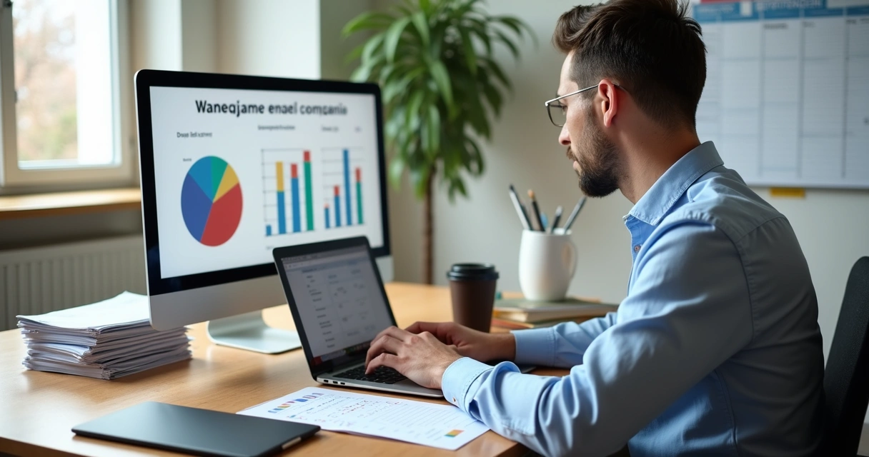 Profissional planejando finanças em escritório, com papéis e computador 