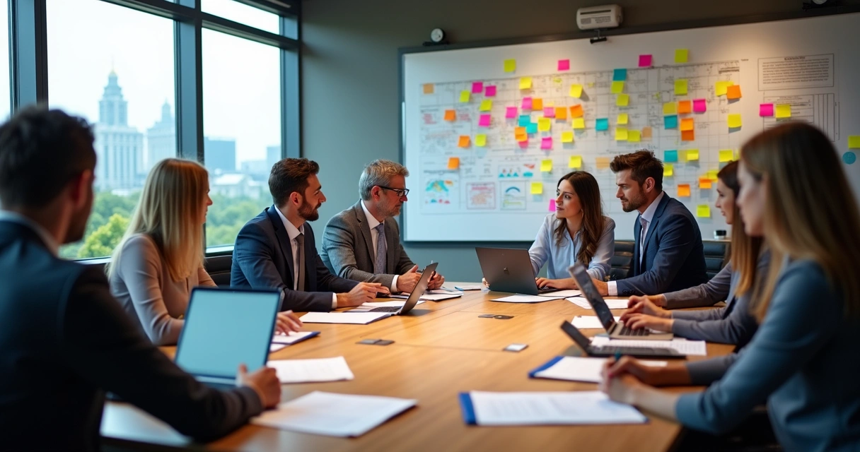 Equipe reunida planejando responsabilidade social corporativa