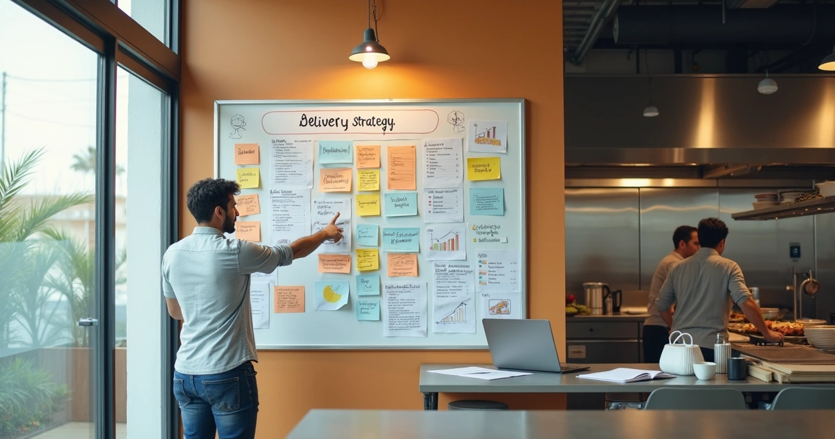 Empreendedor analisando planejamento de restaurante delivery em mural na cozinha 