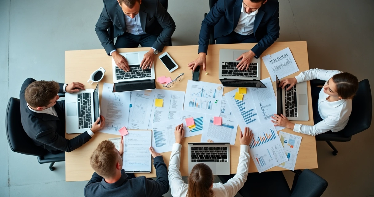 Equipe reunida revisando planilhas financeiras em mesa de reunião 