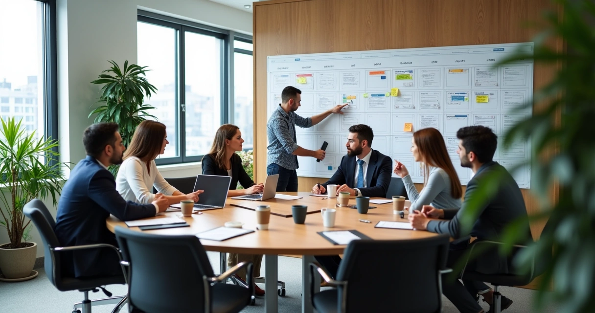 Equipe reunida em mesa de trabalho discutindo plano anual 