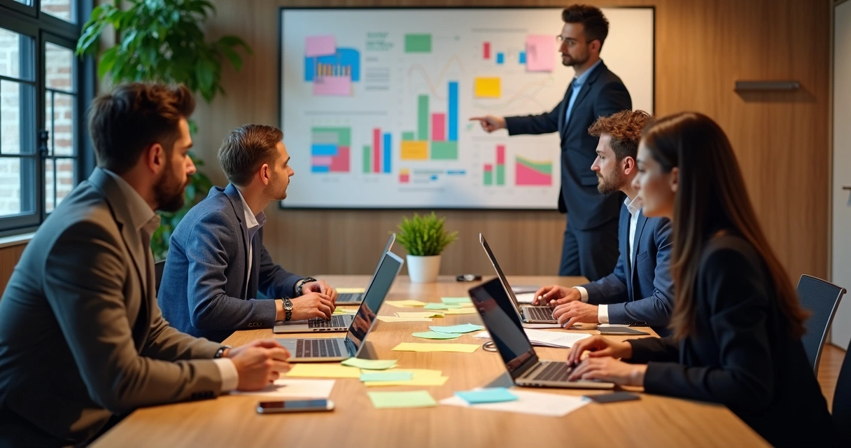 Equipe reunida em torno de mesa discutindo planejamento financeiro 