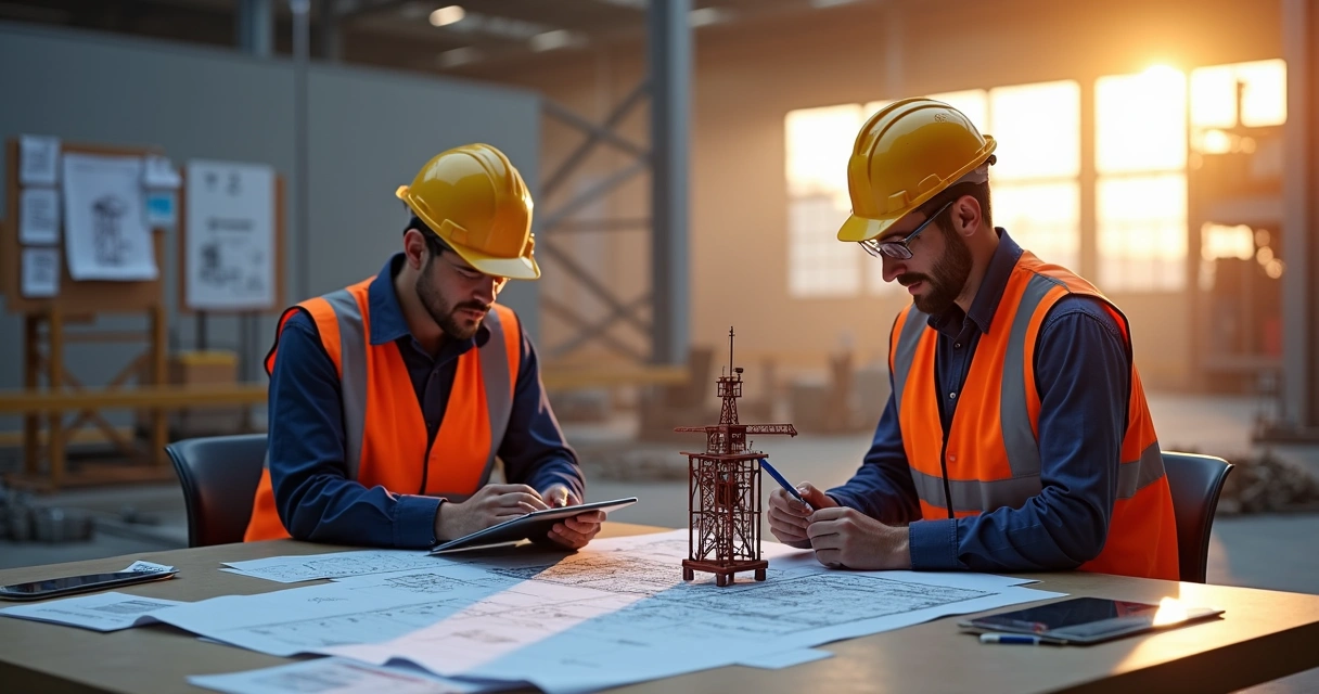 Engenheiros analisando plano de rigging com maquete