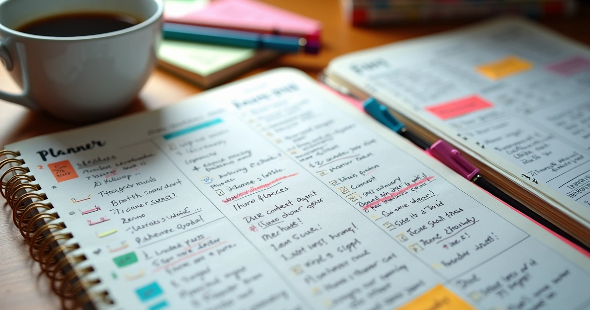 Planner de planejamento de estudos com marcas de correção e rabiscos indicando mudanças. 