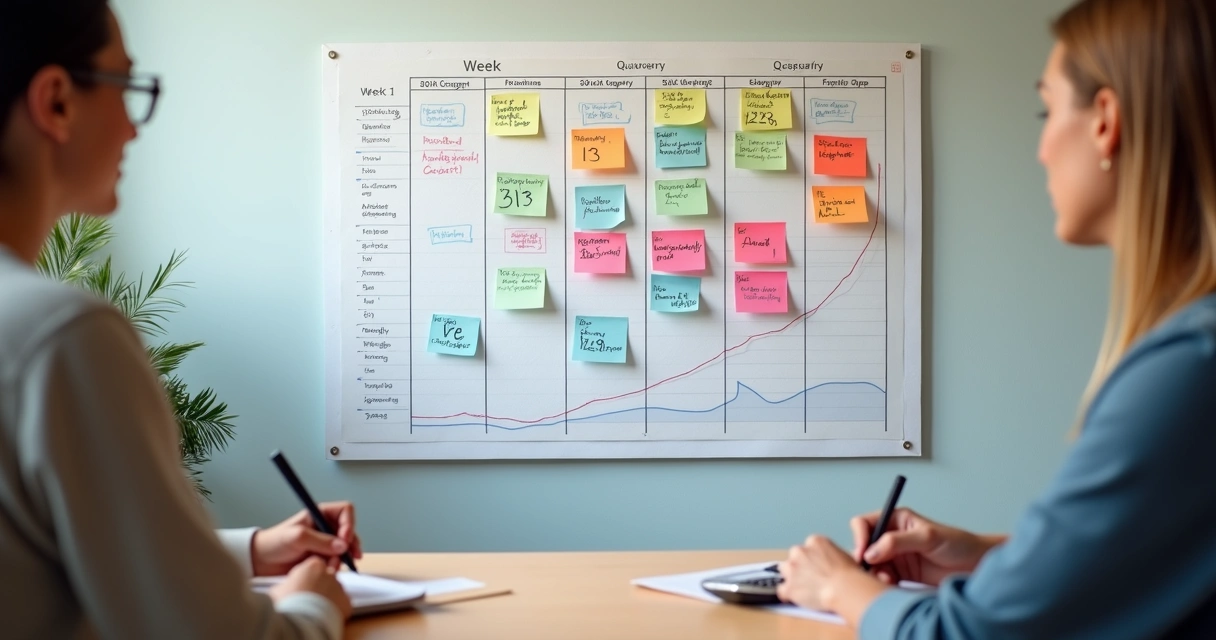 Quadro físico com linha do tempo trimestral mostrando metas semanais ajustadas 