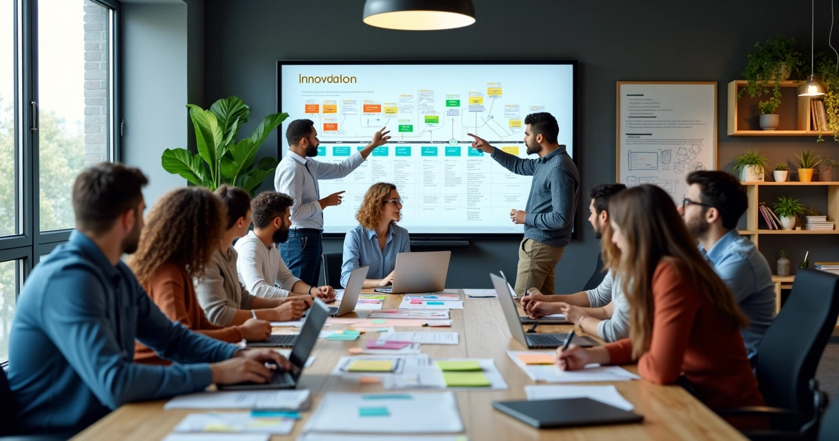 Equipe reunida planejando roadmap de inovação em ambiente de startup moderno 