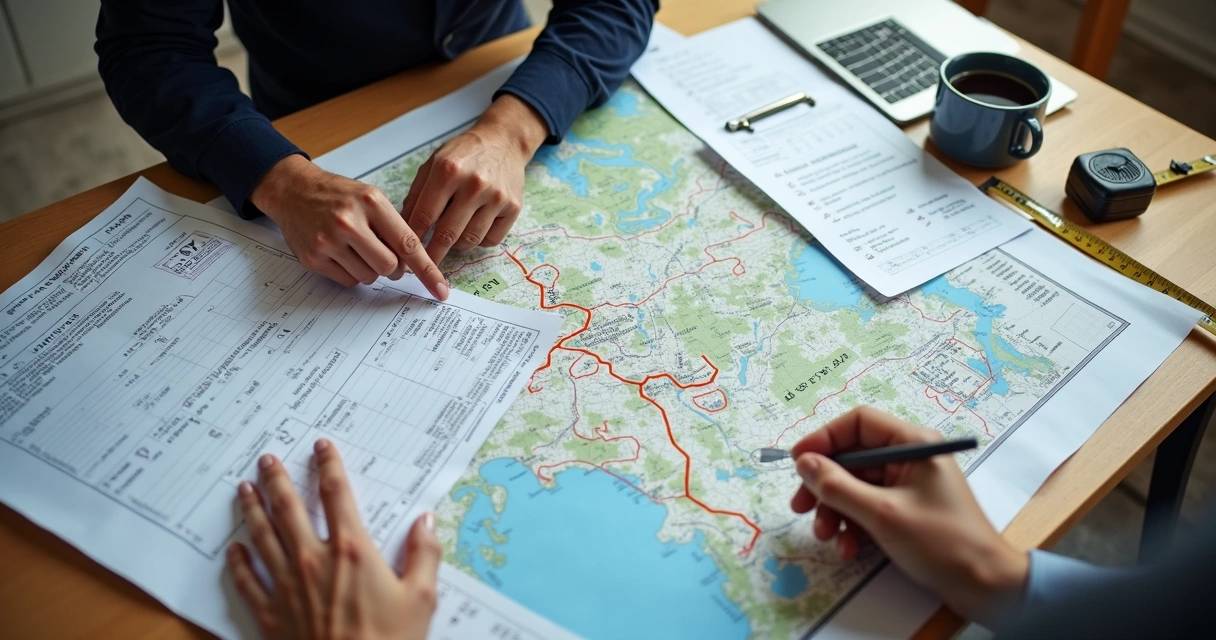 Planejamento de rota com mapa, checklist e AET