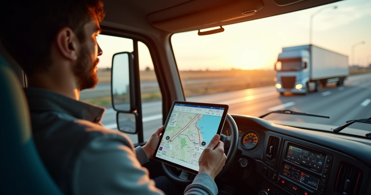 Motorista analisando rota do caminhão em tablet, mapa rodoviário detalhado na tela, caminhão ao fundo 