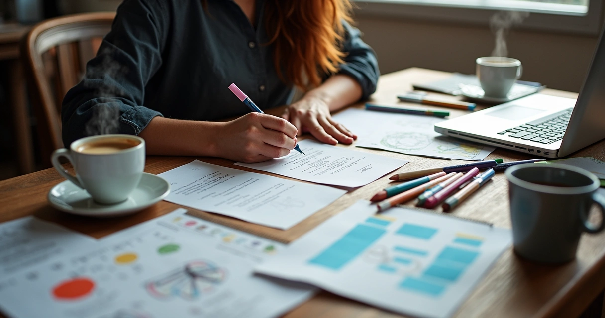 Pessoa planejando roteiro com papéis e laptop na mesa 