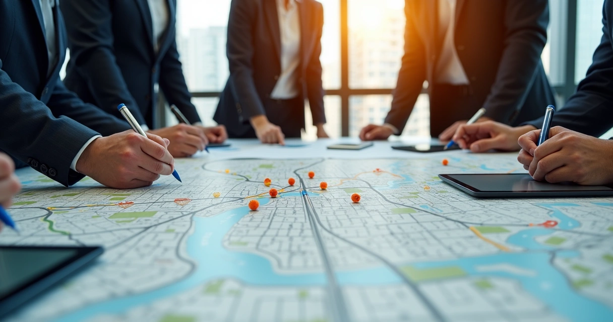 Equipe reunida analisando mapa para planejar rotas de transporte urbano 