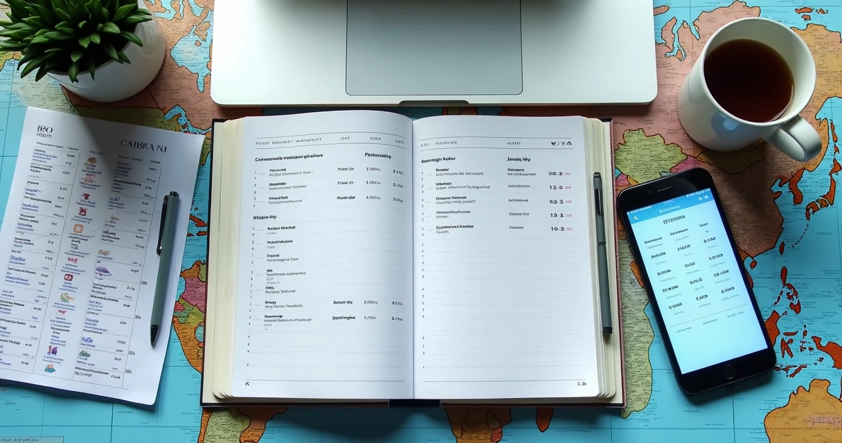 Pessoa organizando roteiro de viagem com notebook e anotações 