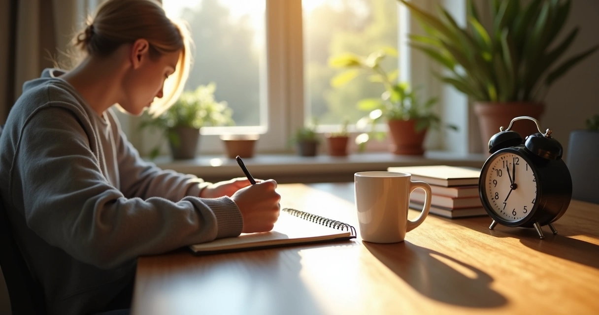 Pessoa escrevendo seu planejamento diário em um caderno, com caneca e relógio ao lado. 
