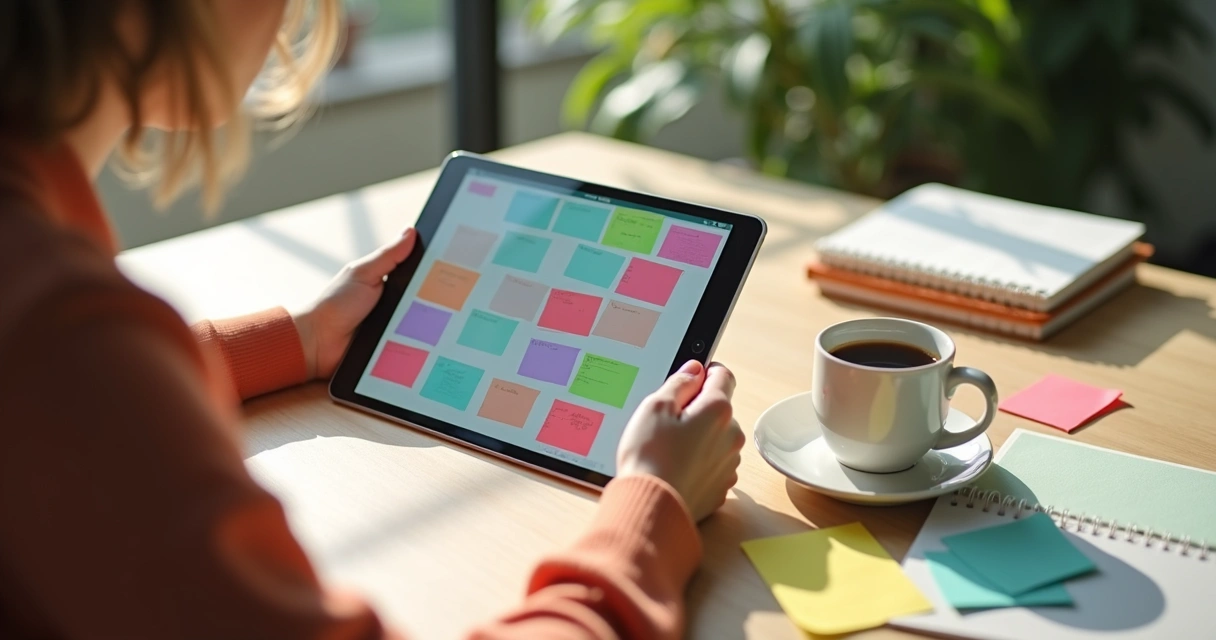 Pessoa organizando agenda digital com cores e anotações 