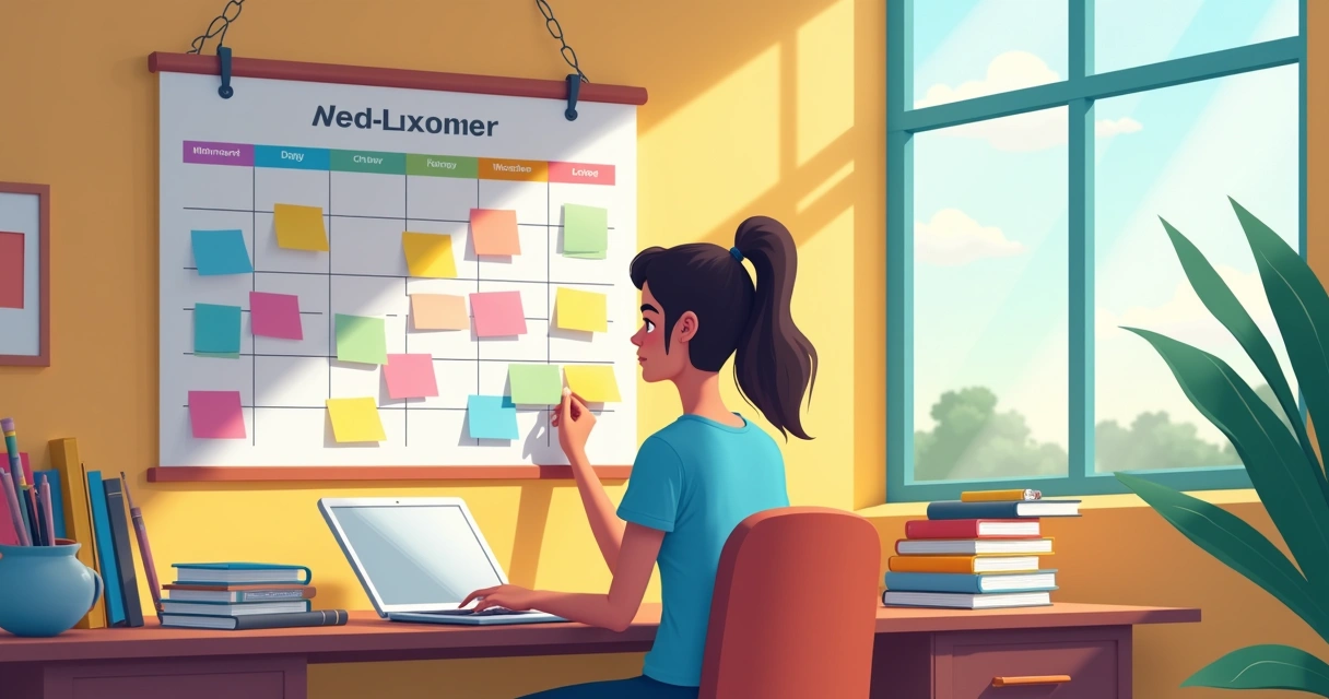 Pessoa organizando calendário de estudos com post-its coloridos na parede