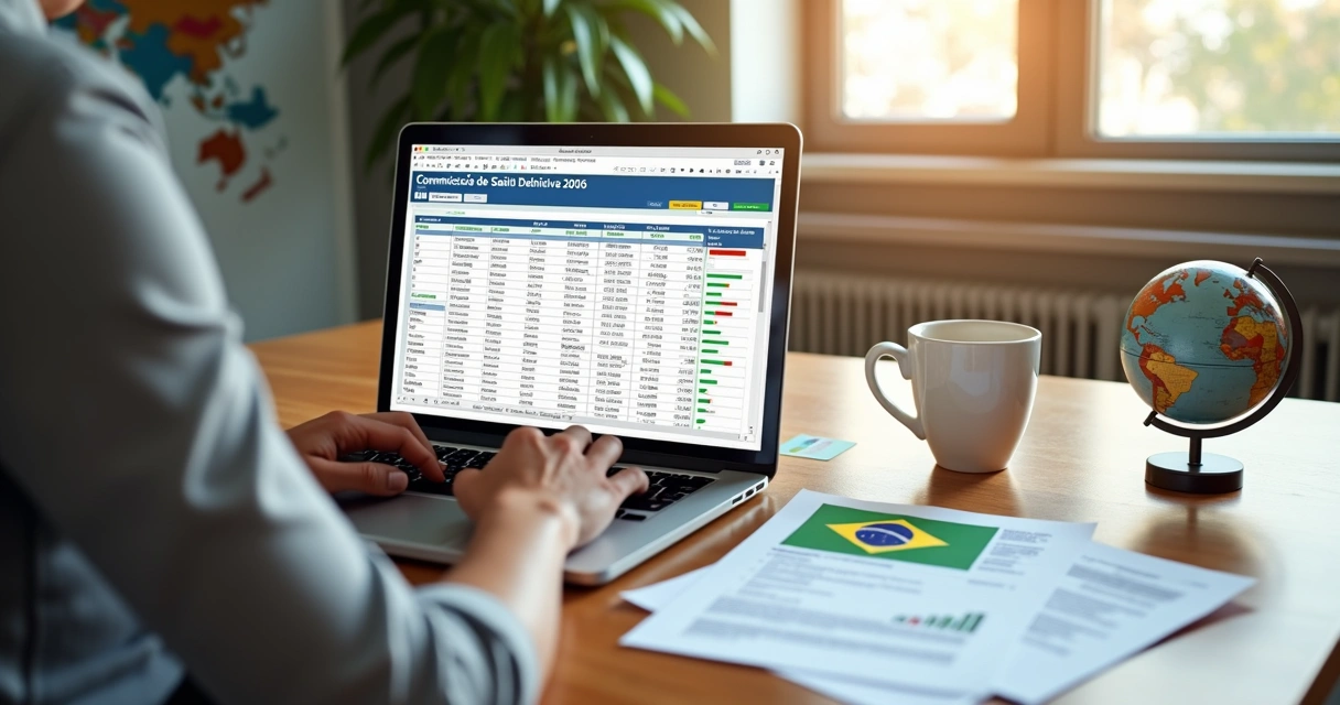 Pessoa planejando a comunicação de saída definitiva do Brasil em um laptop com documentos ao redor 