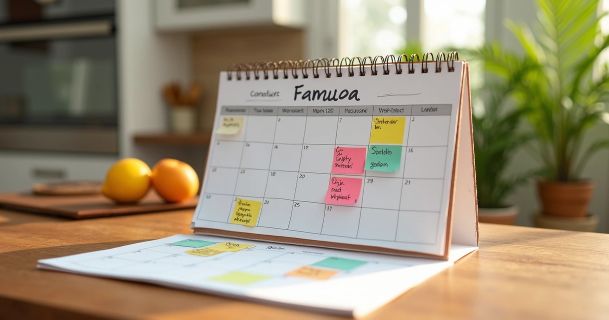 Calendário familiar marcando gastos variáveis do supermercado 