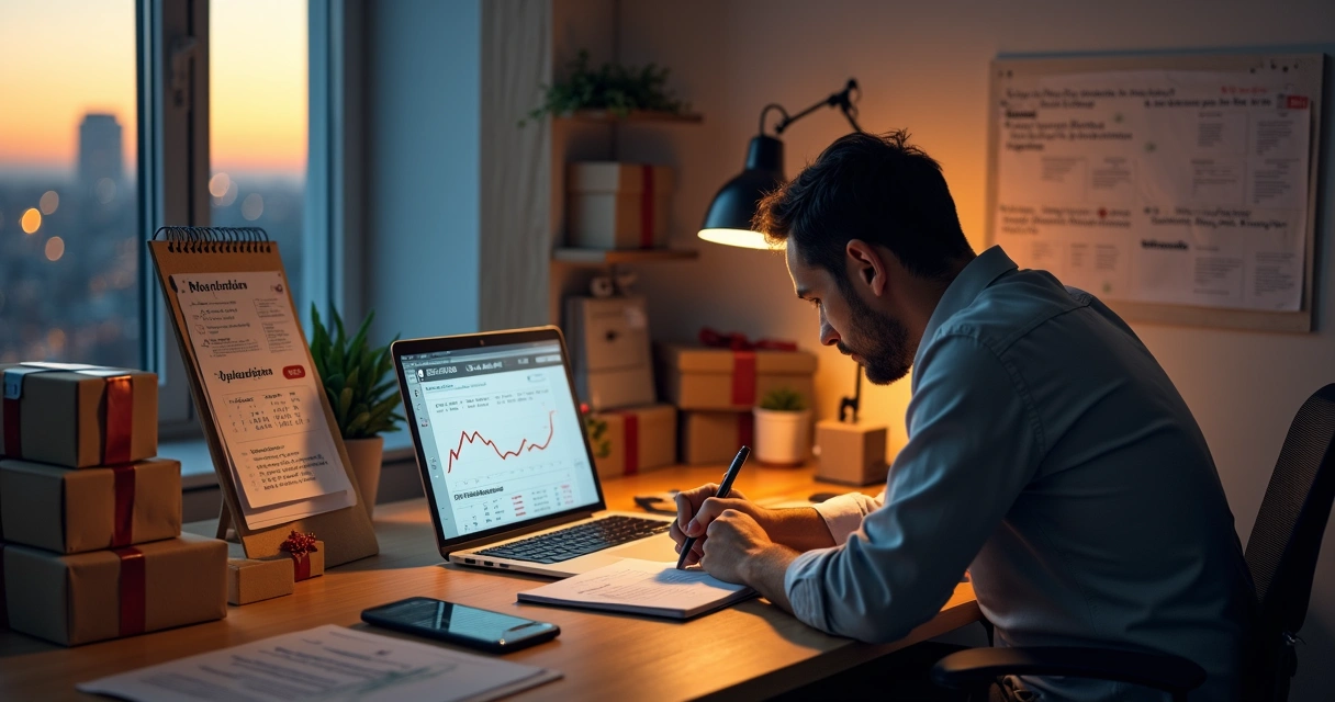 Gestor de PME planejando vendas sazonais de dezembro em escritório com calendário e box de produtos 