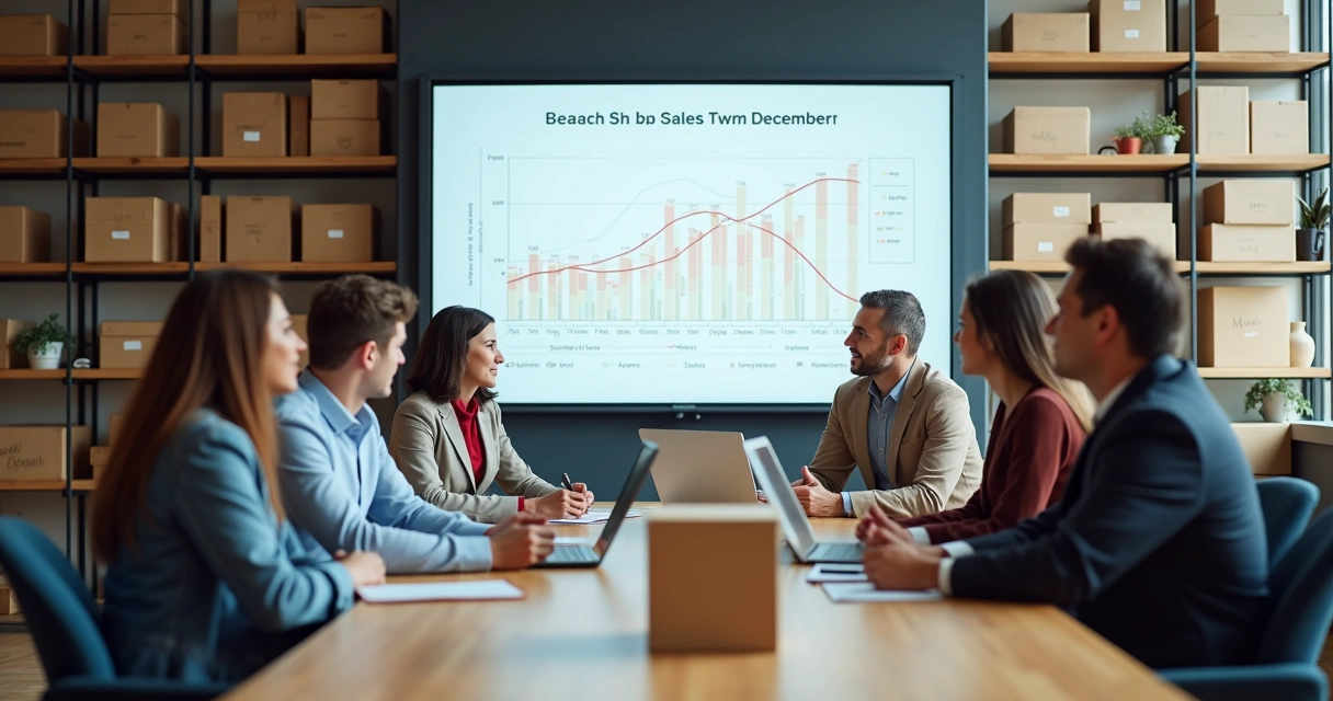 Equipe de vendas em reunião, quadro branco com gráficos de vendas sazonais, caixas de estoque organizadas ao fundo, ambiente de escritório iluminado 