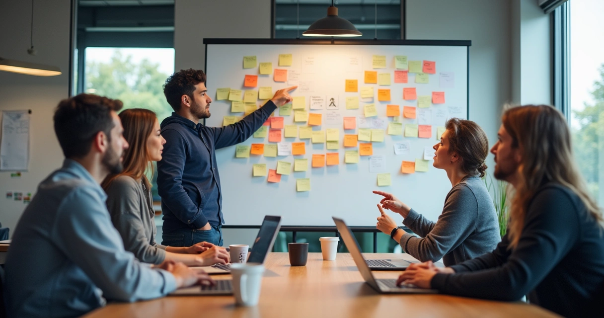Equipe de tecnologia reunida em mesa de reunião com quadro branco e post-its coloridos 