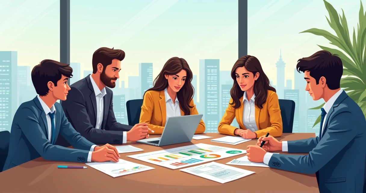 Família sentada à mesa analisando papéis de seguro de vida junto com consultor 