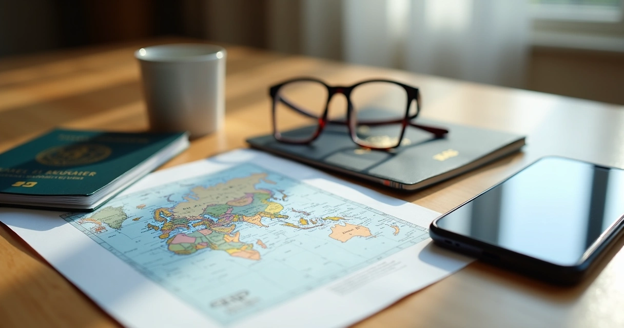 Documentos de seguro viagem sobre uma mesa com passaportes
