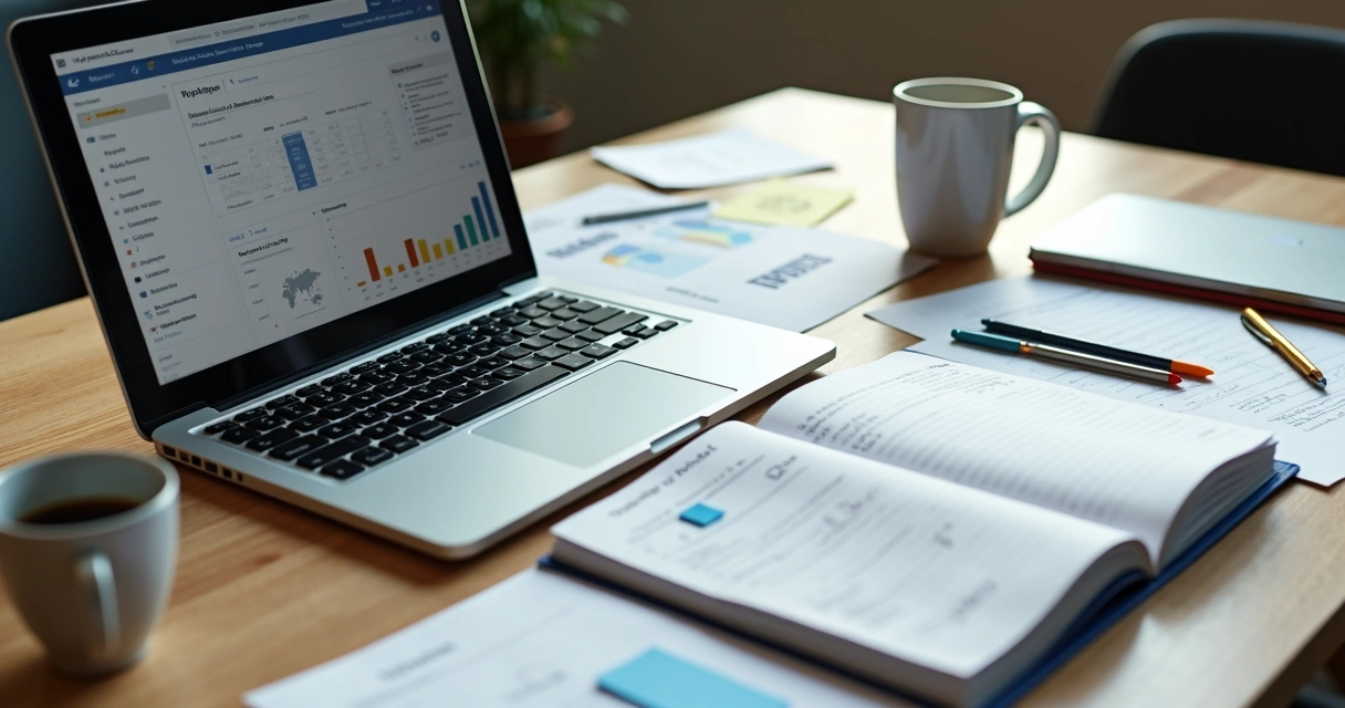 Mesa de trabalho com laptop, agenda aberta, café e anotações sobre política 