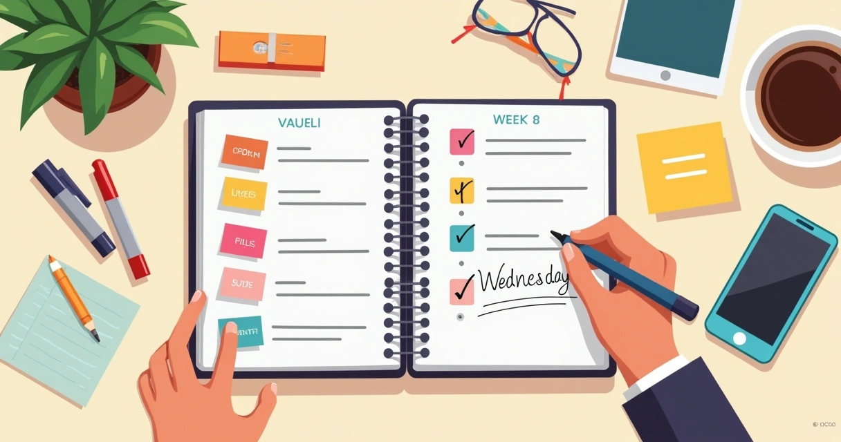 Caderno, caneta colorida e adesivos, mostrando anotações de planejamento da semana 