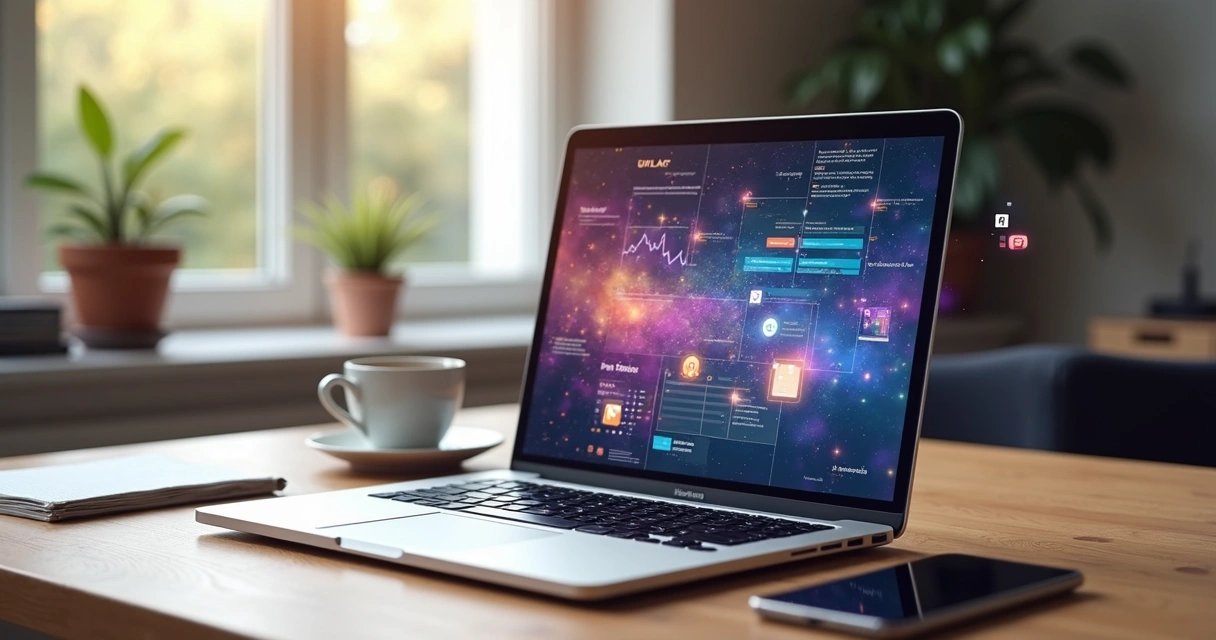 Mesa com computador aberto mostrando planejamento semanal de conteúdo digital e ícones de inteligência artificial ao redor 