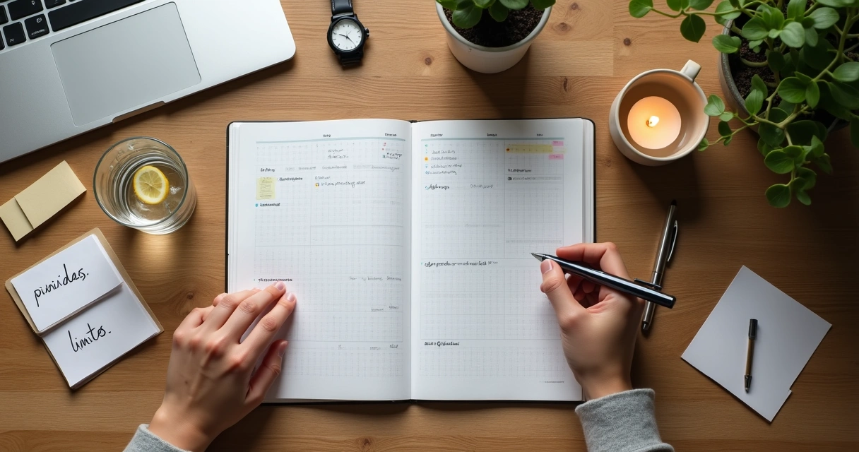 Vista superior de pessoa organizando semana com foco em boas decisões 