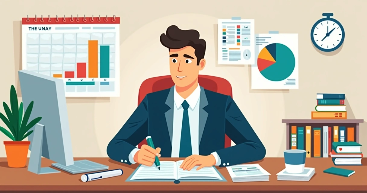 Homem analisando gráficos e planilhas em mesa organizada 