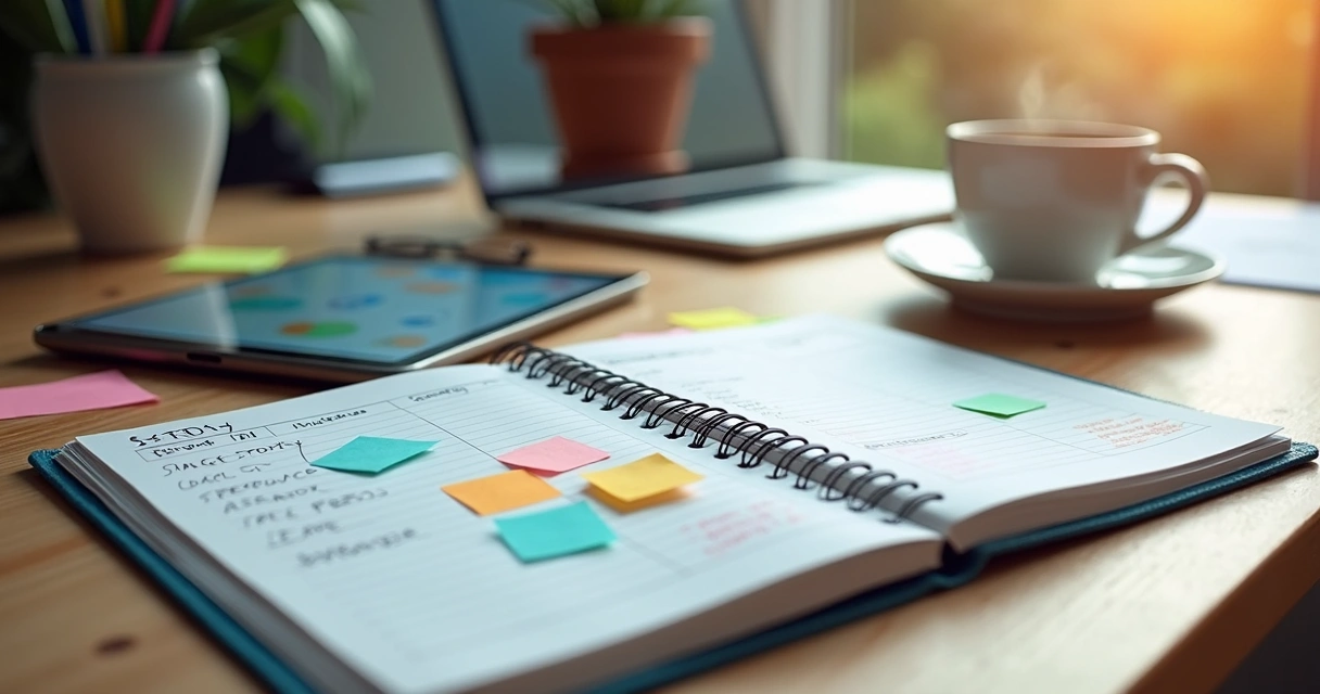 Planejamento semanal com listas e agenda em mesa de escritório