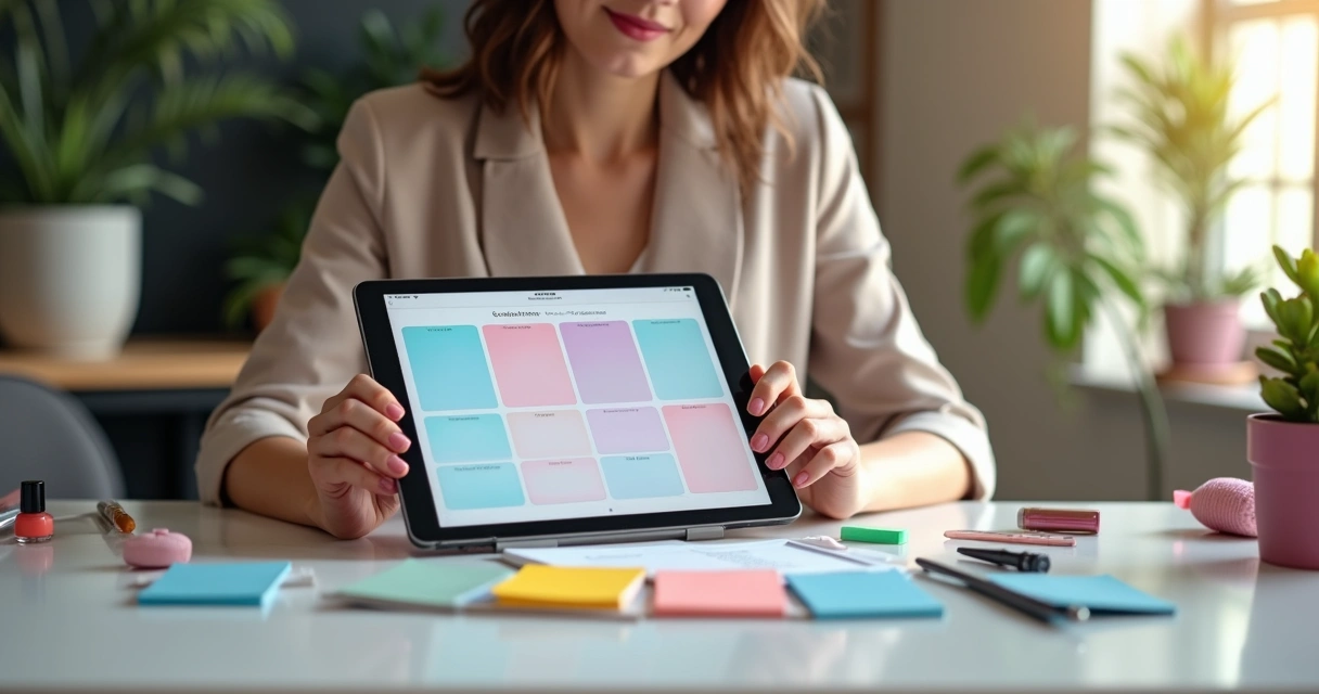 Profissional de beleza revisando agenda semanal digital em tablet 