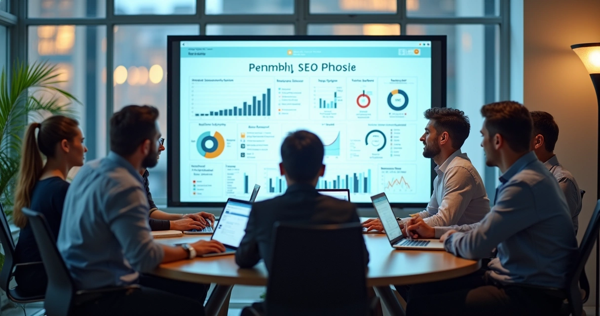 Equipe reunida planejando estratégia SEO no computador 