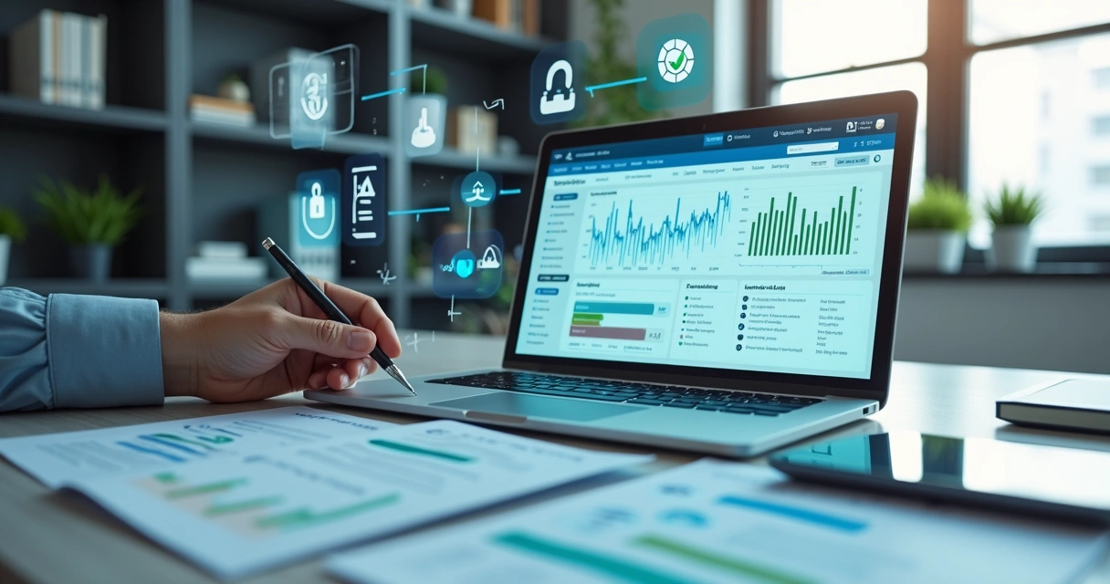 Profissional analisando planejamento de SEO com ícones de leis e regulamentos ao fundo 