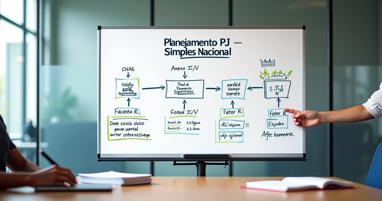 Quadro branco com fluxo de planejamento tributário do Simples Nacional 