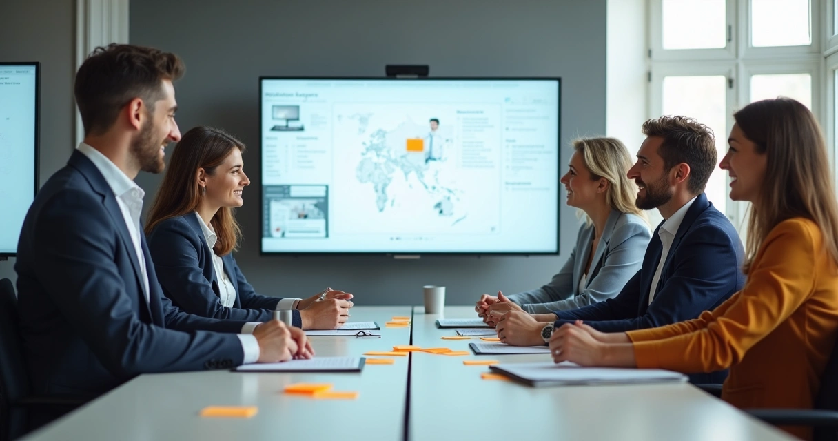 Equipe reunida avaliando layout digital de site em monitores widescreen 