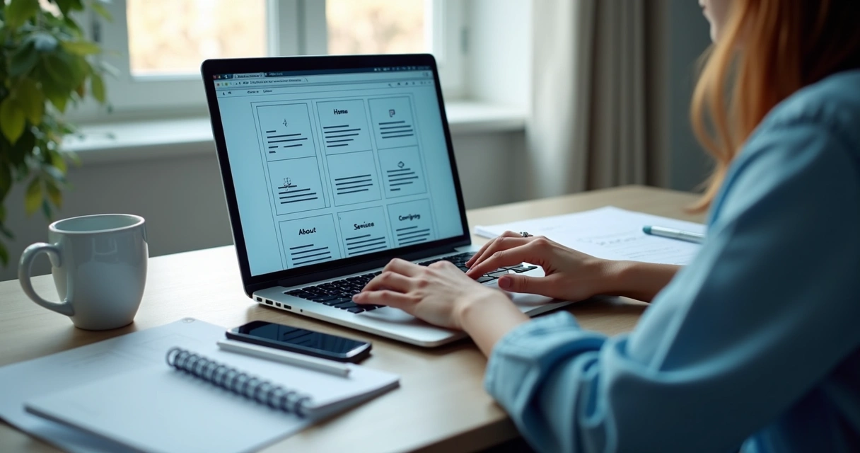 Pessoa planejando estrutura de site em notebook com anotações ao lado 