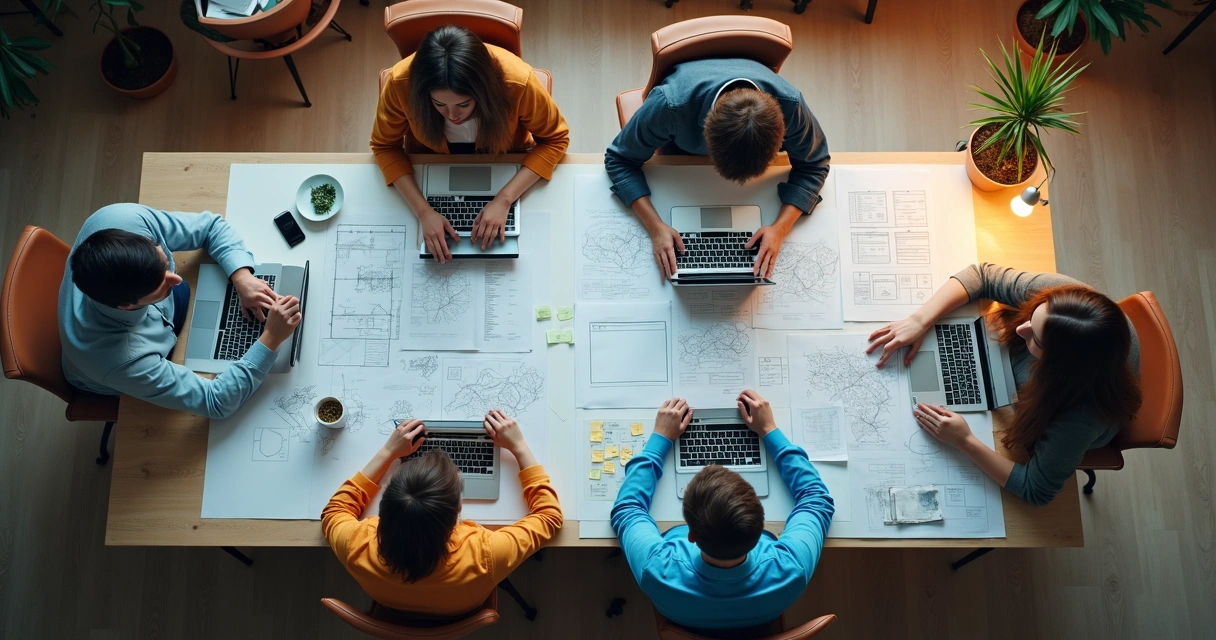 Profissionais reunidos planejando a estrutura de um site em mesa de trabalho 