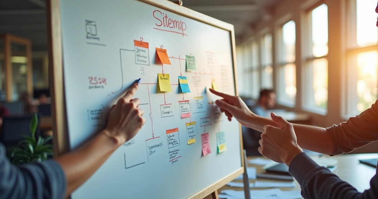 Quadro branco com mapa de site e anotações de planejamento de web design 