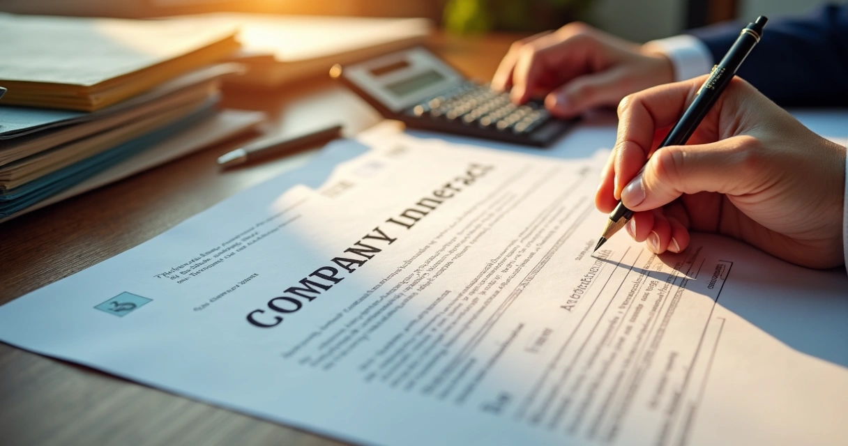 Mesa com contrato social, lápis, calculadora e documentos de herança 