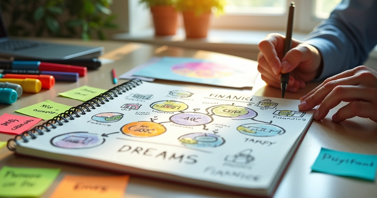 Mapa de sonhos financeiros com ícones e anotações em caderno 