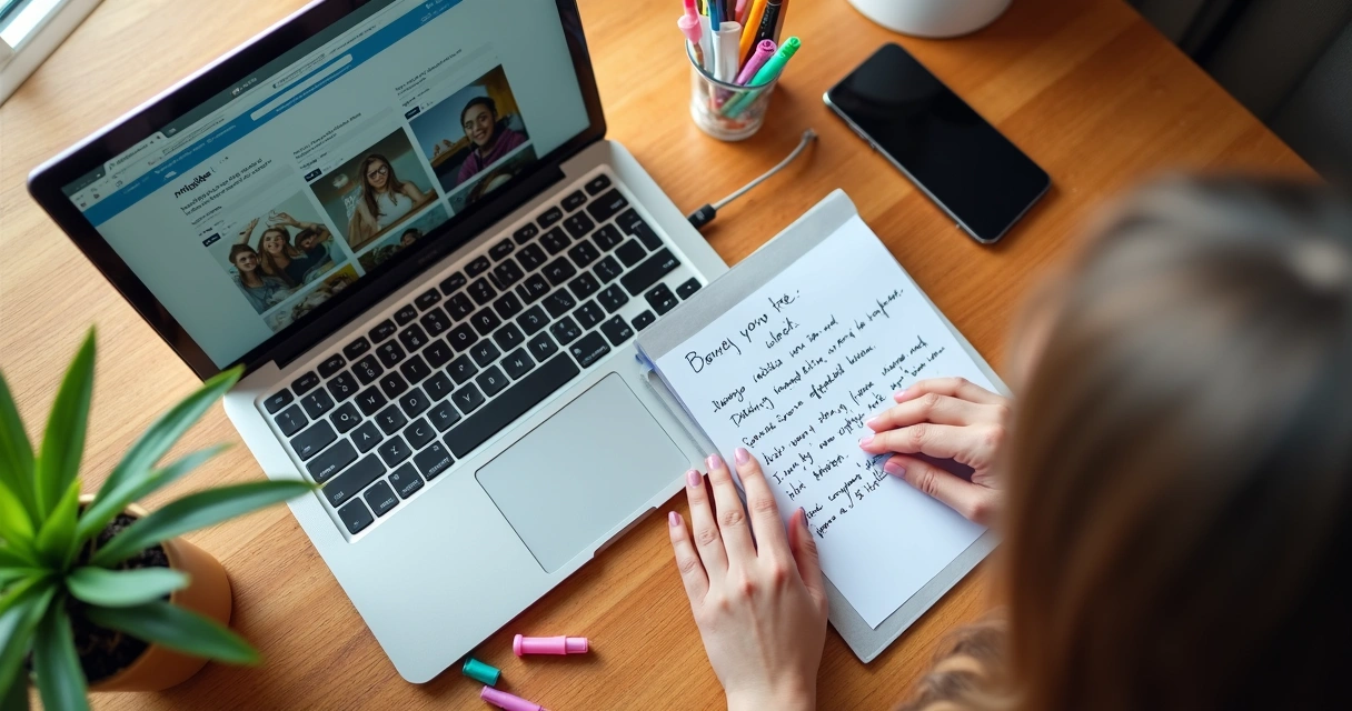 Pessoa organizando um sorteio com notebook e anotações na mesa 