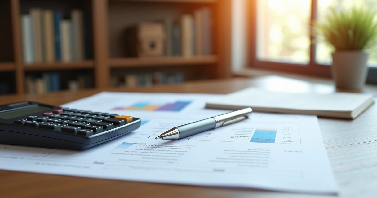 Mesa de escritório com documentos financeiros, caneta e calculadora, foco em planejamento de sucessão financeira 