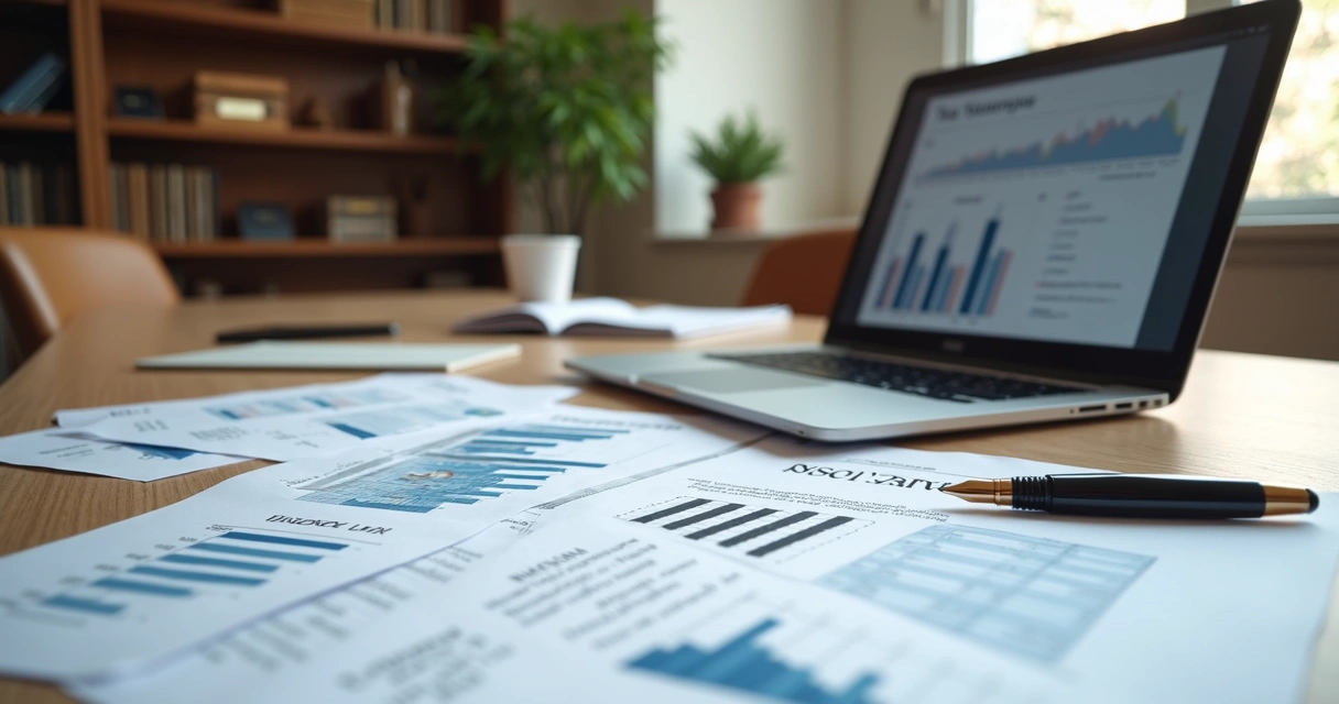 Mesa de reunião com documentos jurídicos e cálculos tributários sobre planejamento sucessório, com laptop aberto e caneta sobre papel. 