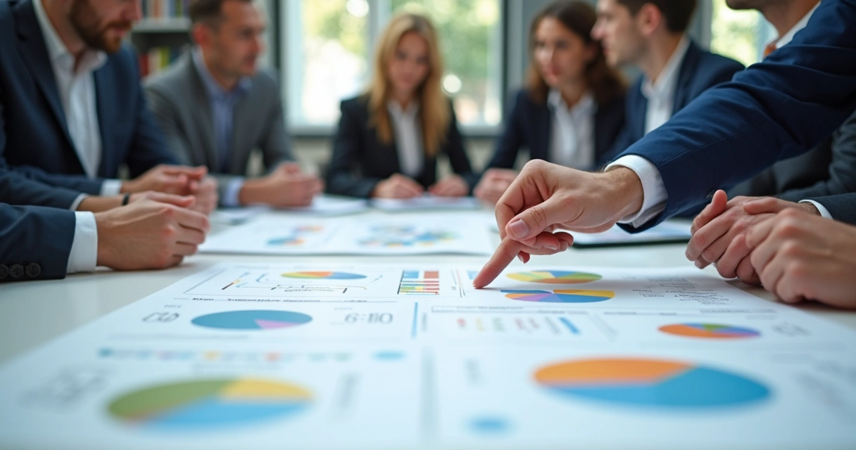 Mesa de reunião com gráficos de sucessão e pessoas analisando planos
