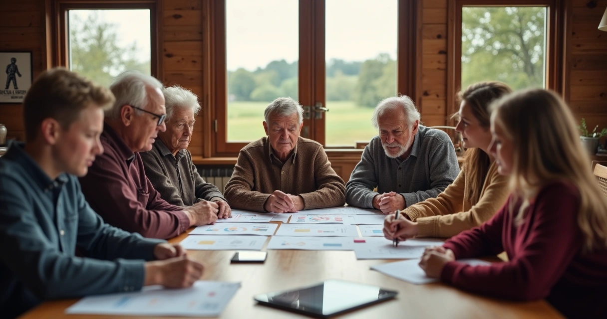 Família reunida em escritório discutindo documentos de planejamento sucessório rural e contábil 